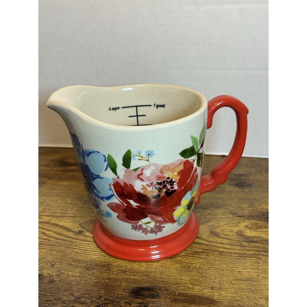 The Pioneer Woman Melody Floral 4 Cup Stoneware Measuring Pitcher Red Handle 1QT - Picture 2 of 11